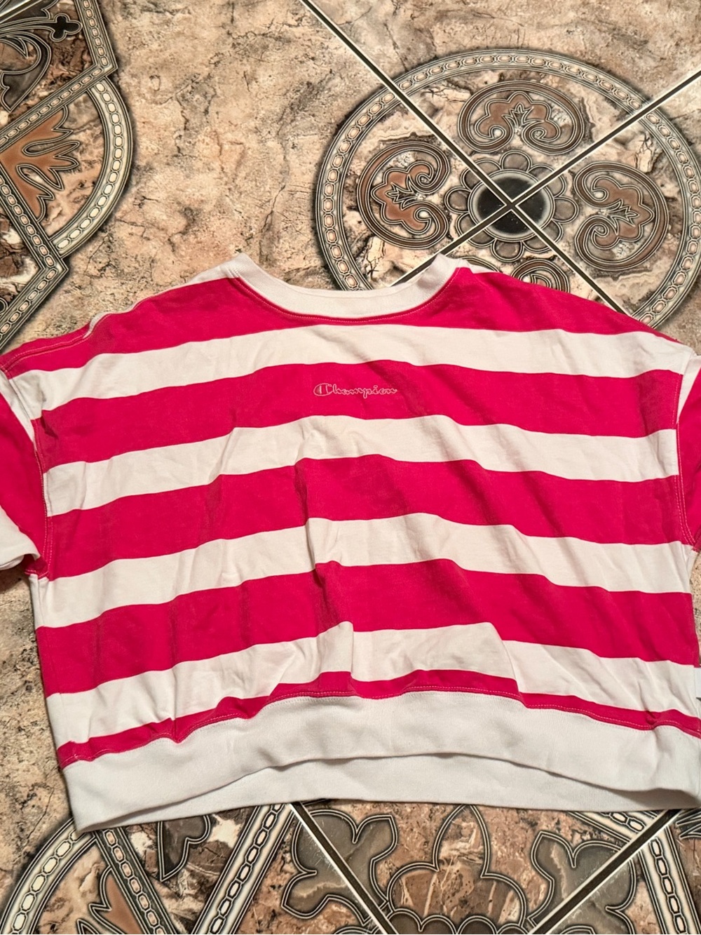 Champion Hot Pink and White Striped Crop Tee